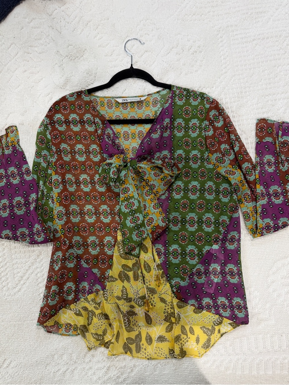 Zara Multicolor Tie-Neck Blouse - Green/Purple/Yellow/Brown